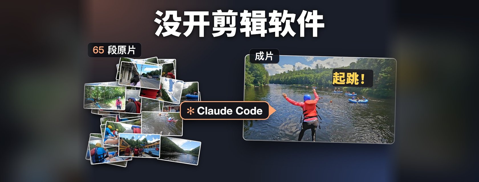 65 raw clips flowing through Claude Code into a finished rafting video