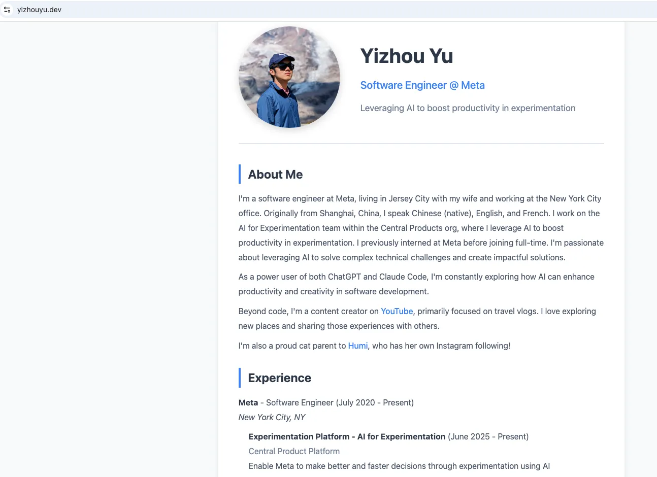 Personal website at yizhouyu.dev - Modern responsive design with experience timeline and dark mode support