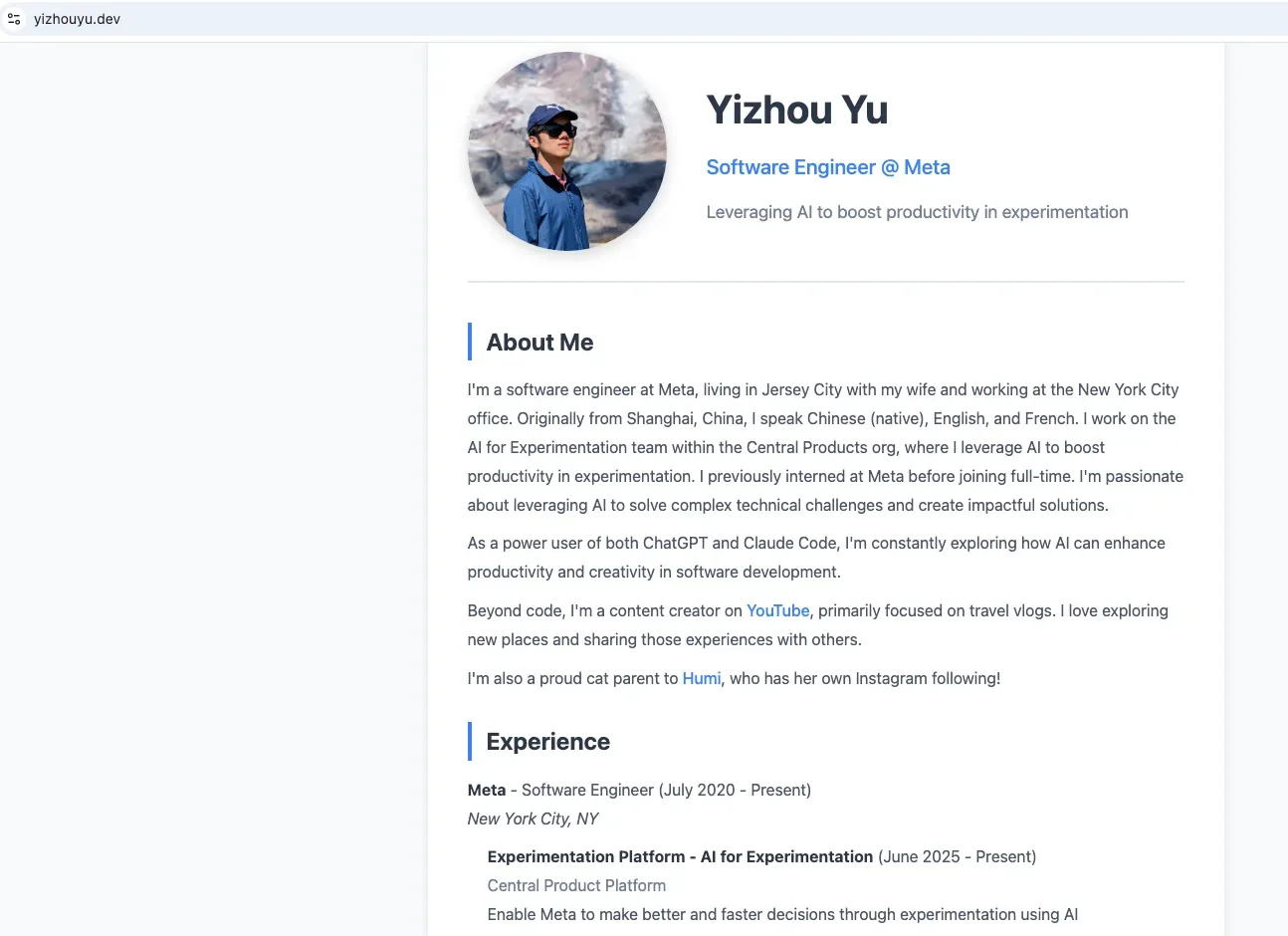 Personal website at yizhouyu.dev - Modern responsive design with experience timeline and dark mode support
