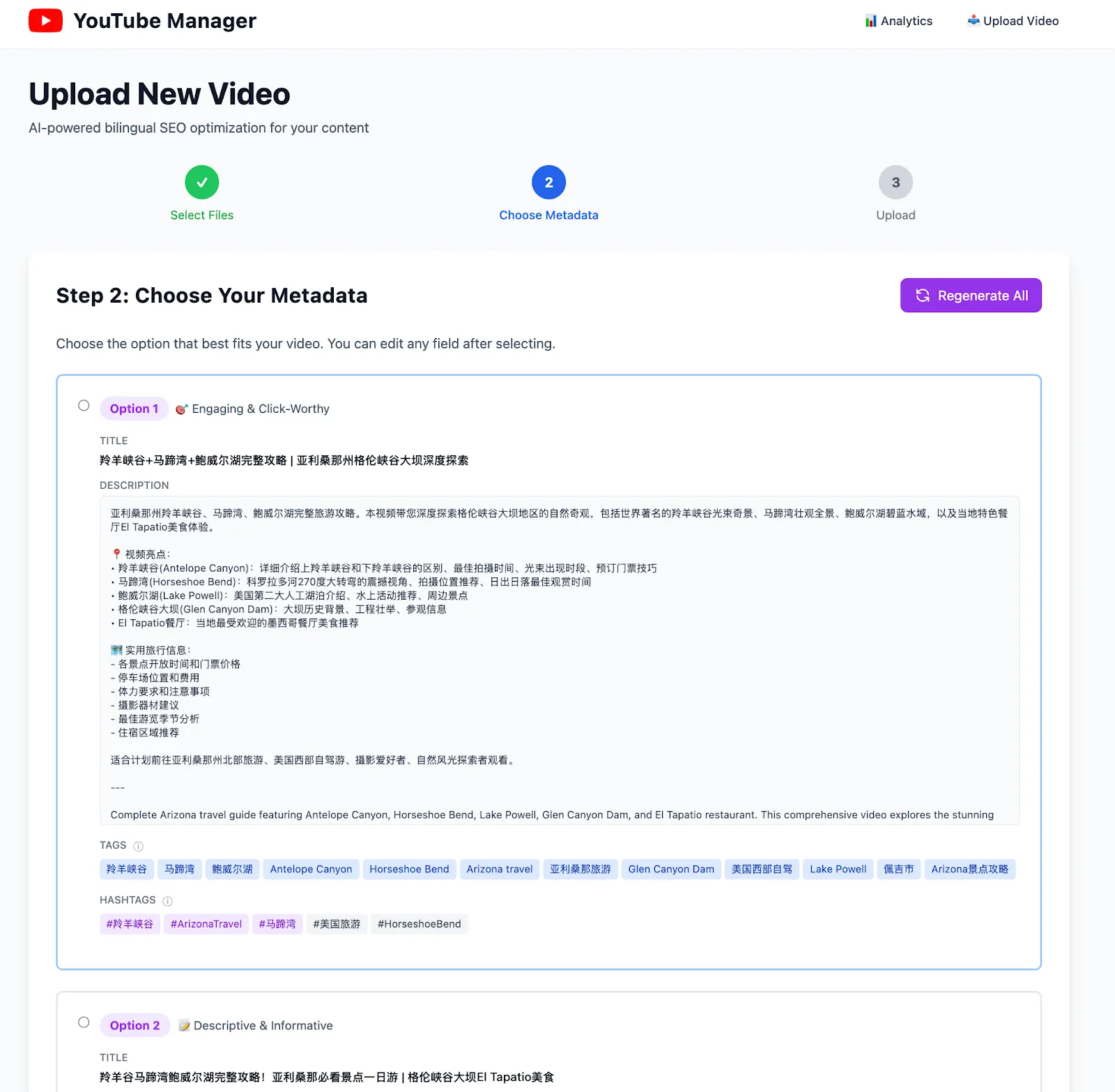 YouTube Manager Step 2 - Choose your metadata from AI-generated SEO options